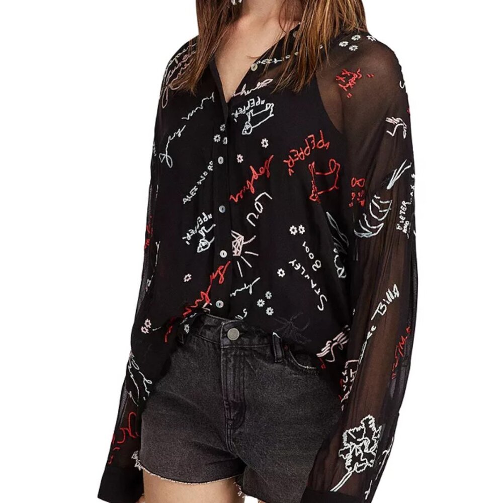 ALLSAINTS NWOT SM KYRA GRAFF SHIRT SHEER GRAFFITI BUTTON FRONT BLACK RED WHITE